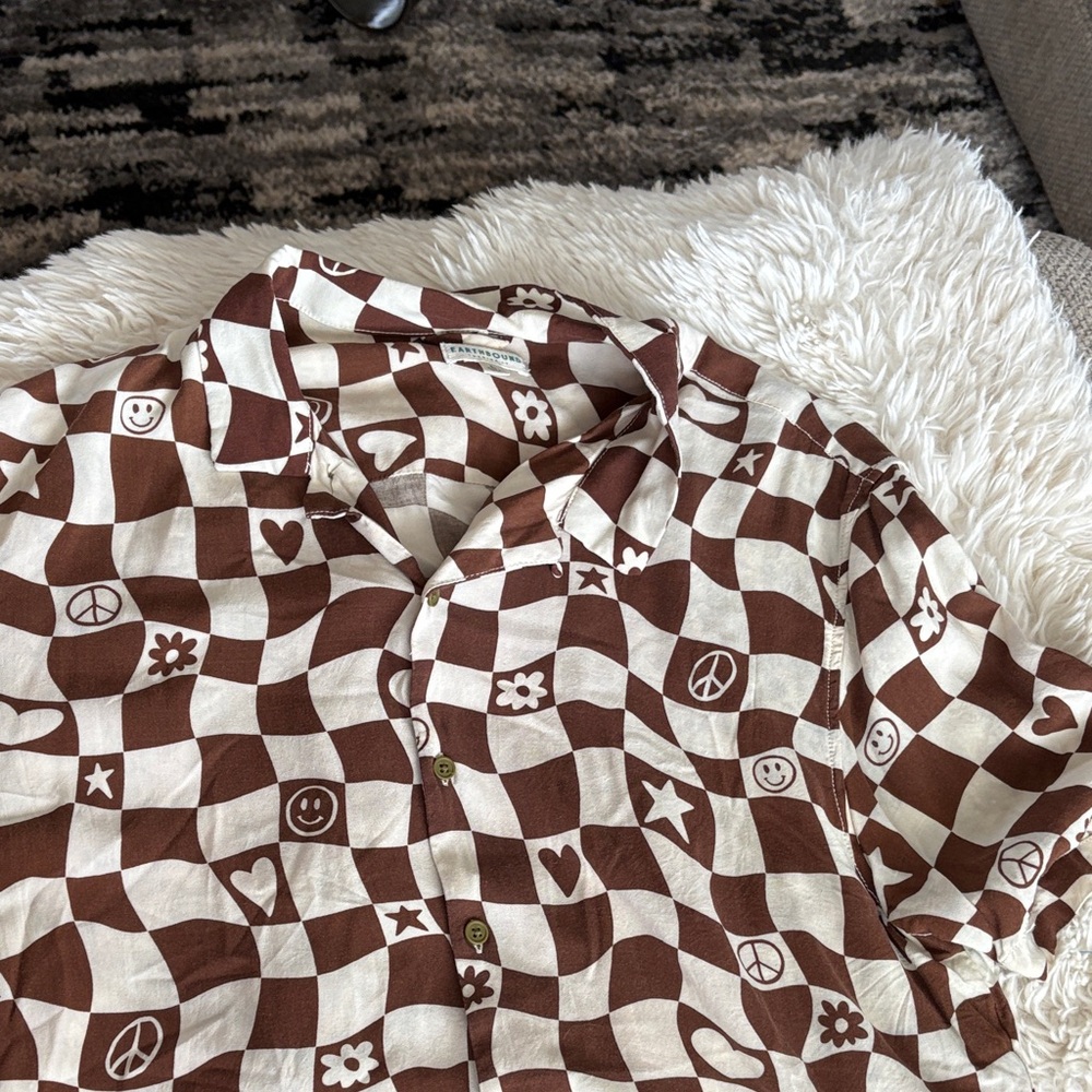 EARTHBOUND Brown & Cream Checkerboard Button-Up with Icons